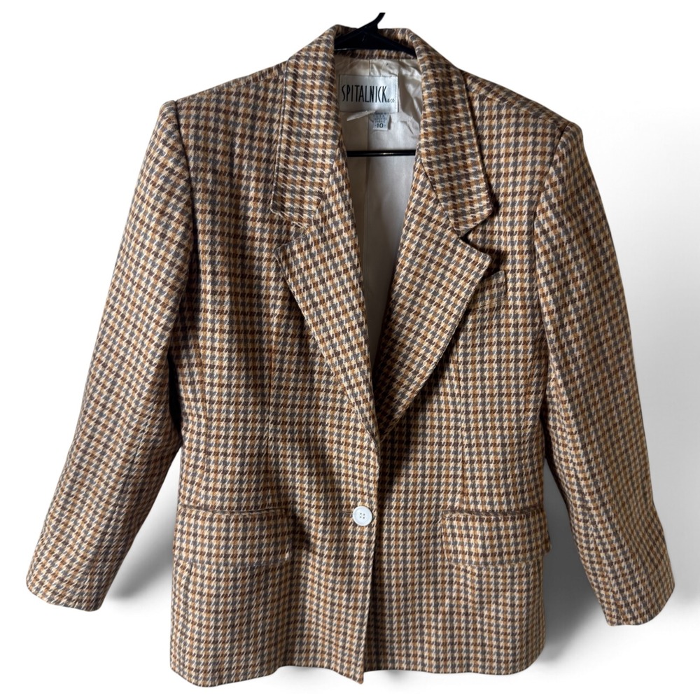 Spitalnick Vintage Houndstooth Blazer Brown Wool Blend Lined Women Size 10 USA